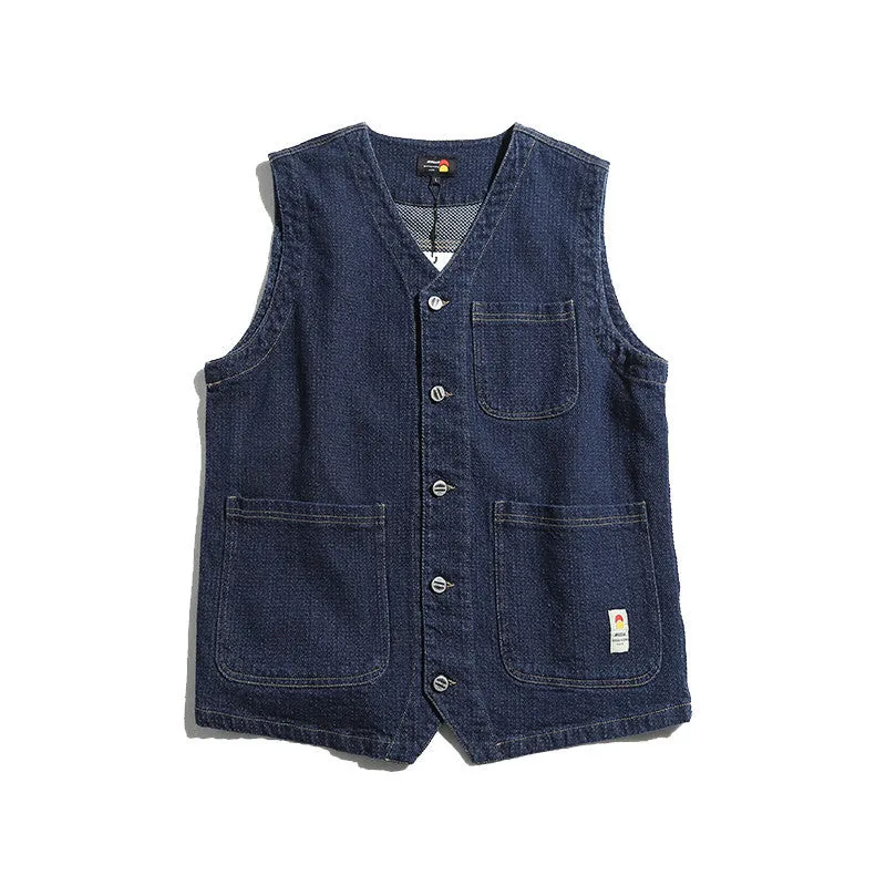 Advbridge masc outfits Fon3 New Coat Vest Waistcoat Men's Japanese Original Solid Color Wear Wave Pattern Multi-Bag Denim Vest Men