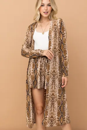 And The Why Snake Print Kimono Open Front Longline Cardigan