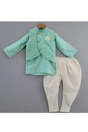 Aqua Blue Kurta With Embroidered Jacket Set