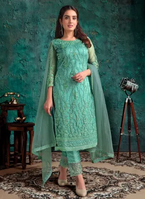 Aqua Blue Net Designer Fancy Pakistani Style Suit