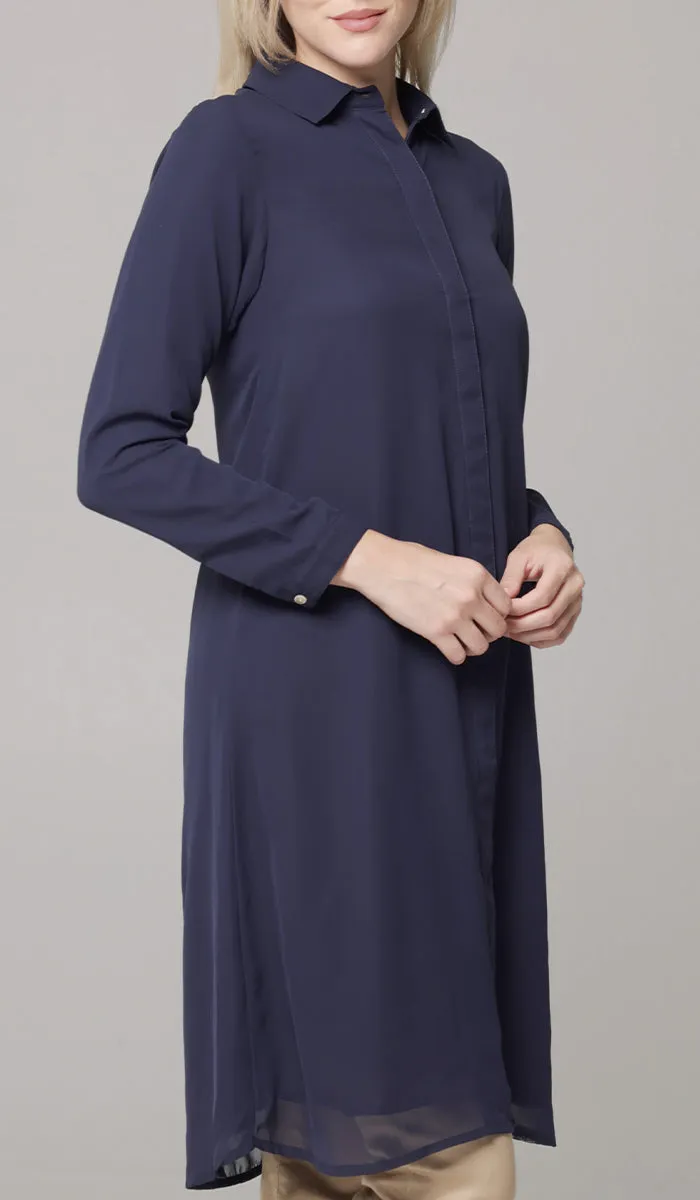 Asra Long Flowy Buttondown Shirt Jacket - Navy