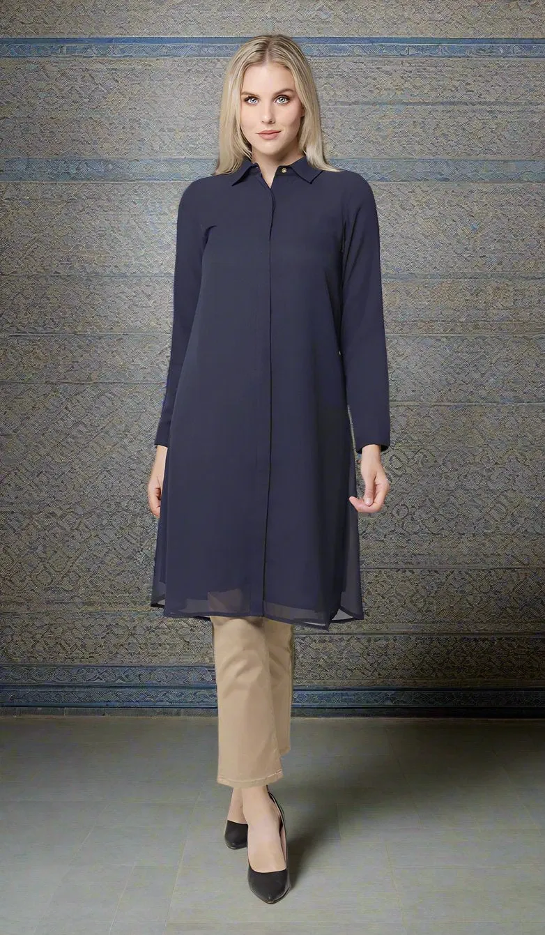 Asra Long Flowy Buttondown Shirt Jacket - Navy