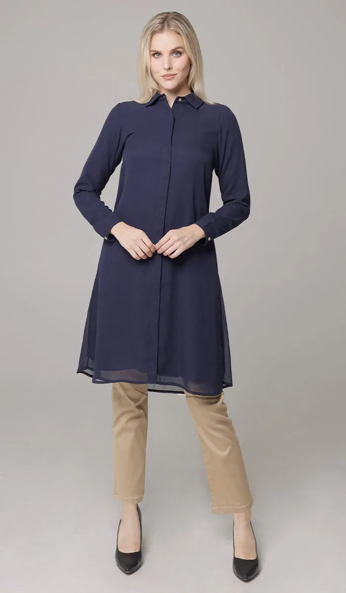 Asra Long Flowy Buttondown Shirt Jacket - Navy