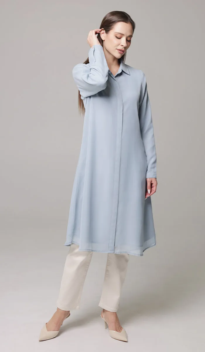 Asra Long Flowy Buttondown Shirt Jacket - Powder Blue - PREORDER (ships in 2 weeks)