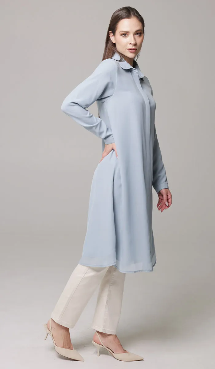 Asra Long Flowy Buttondown Shirt Jacket - Powder Blue - PREORDER (ships in 2 weeks)