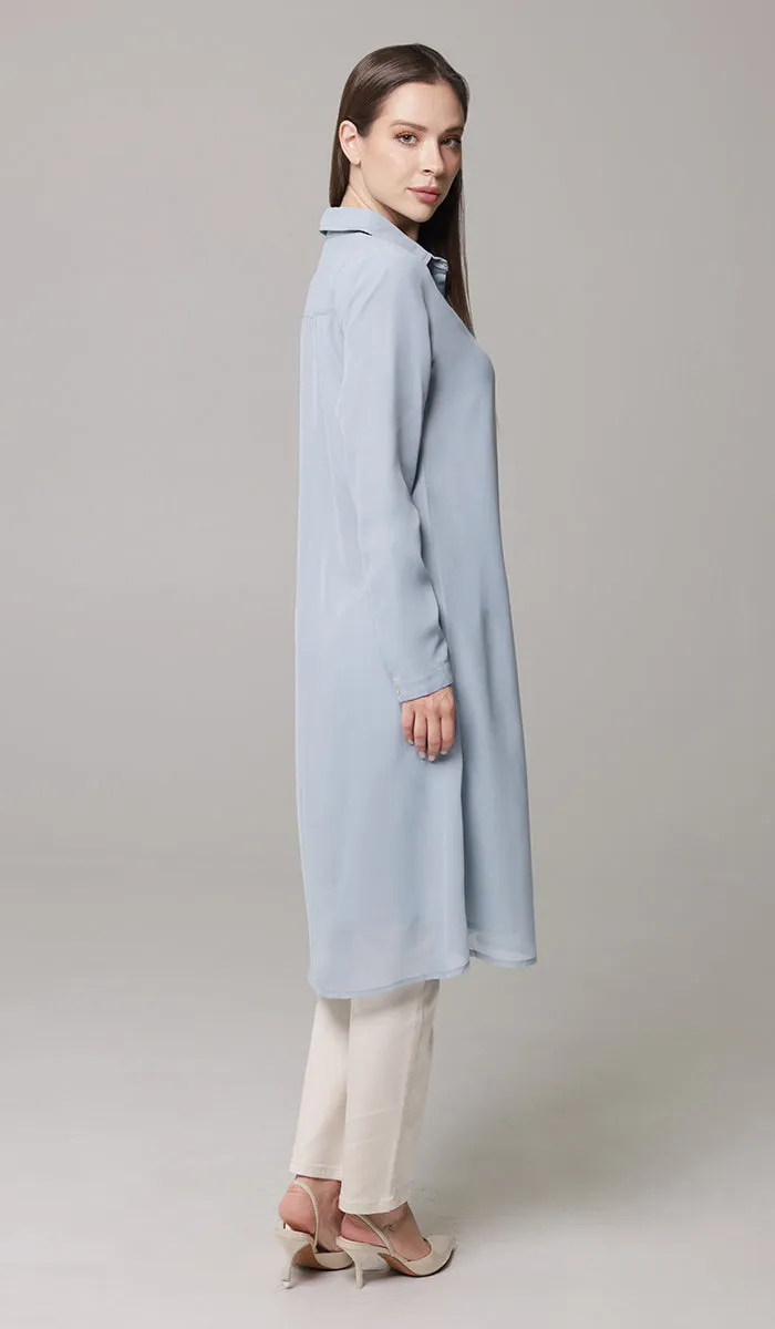 Asra Long Flowy Buttondown Shirt Jacket - Powder Blue - PREORDER (ships in 2 weeks)