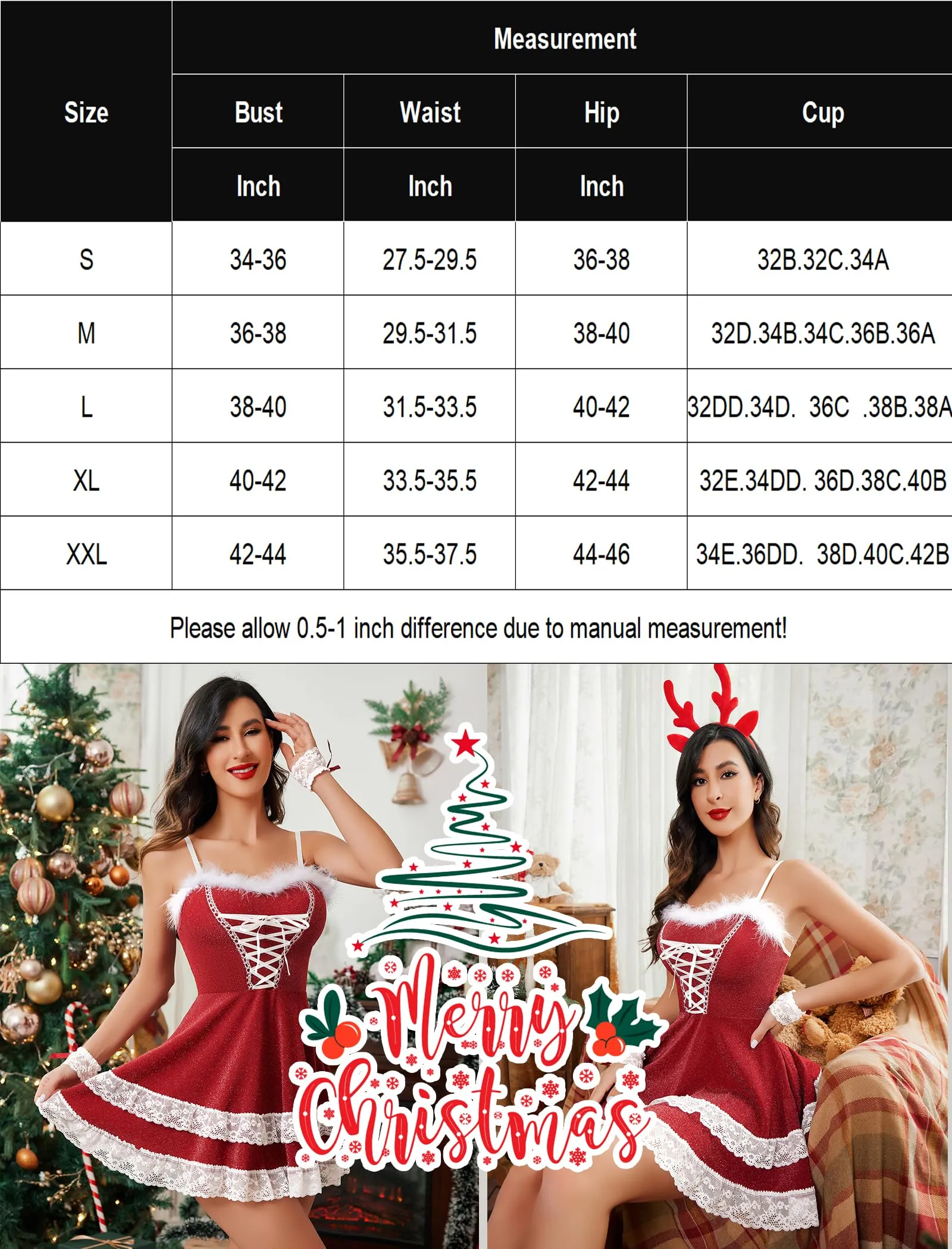 Avidlove Women's Christmas Dress Sexy V Neck Party Fancy Dress Santa Cosplay Costume Red Small