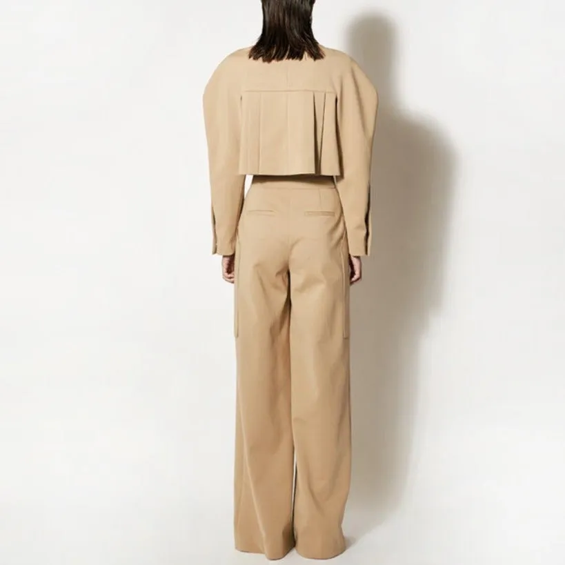 Beige structure signature pleated crop jacket