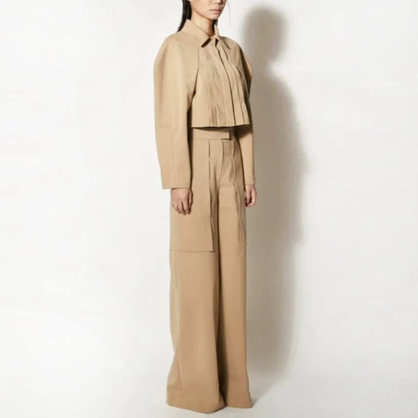 Beige structure signature pleated crop jacket