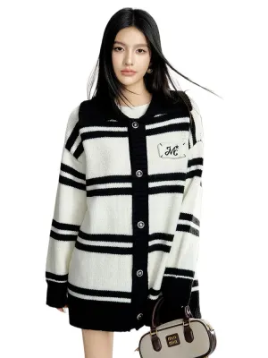 Black & White Striped Oversized Sweater Cardigan