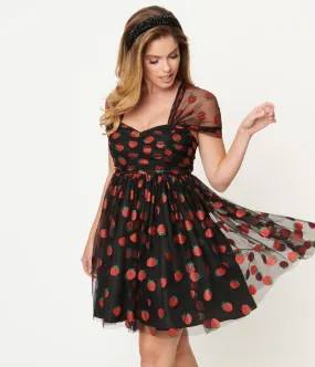 Black and Glitter Strawberry Print Heart and Soul Babydoll Dress