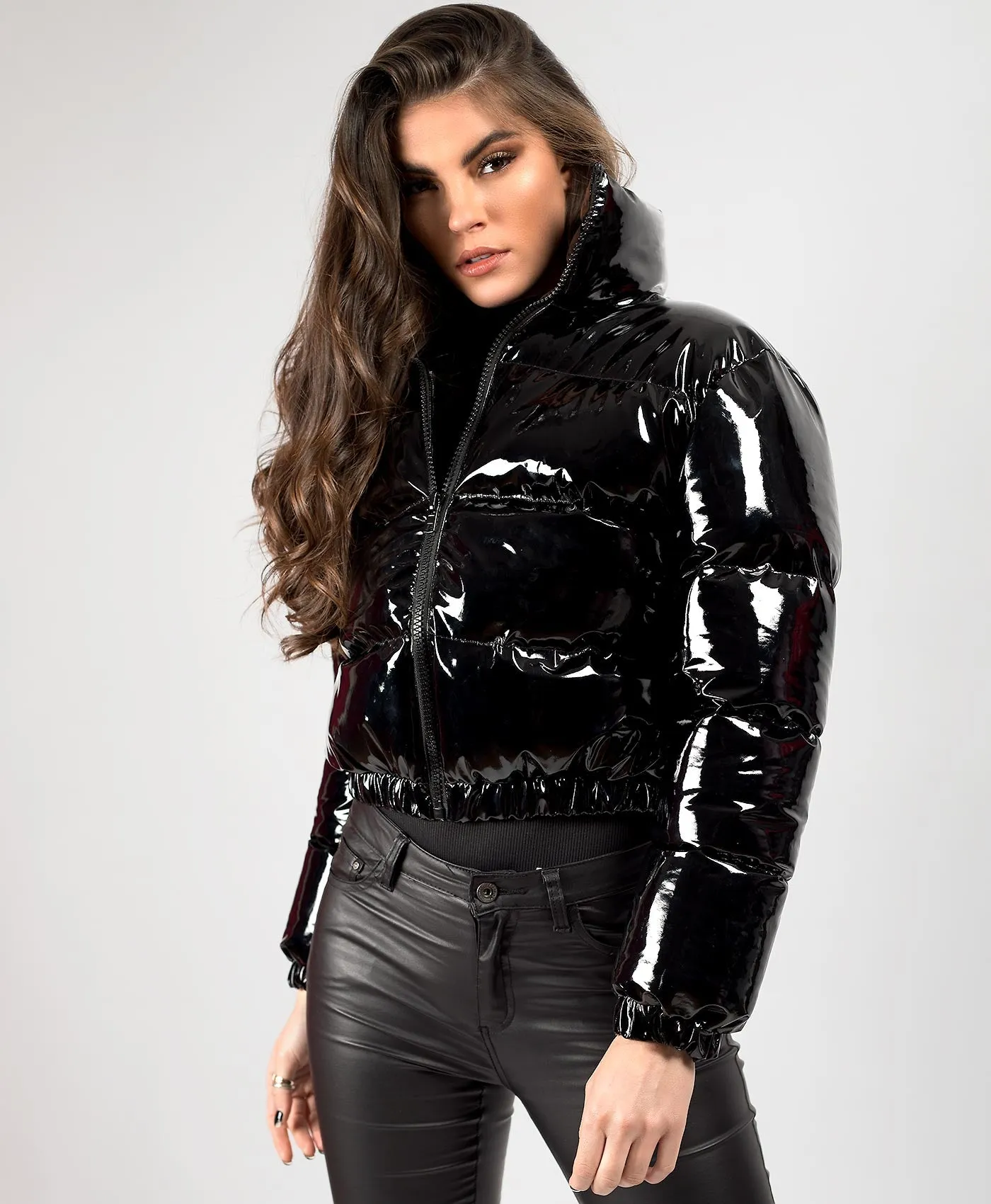 Black High Shine PU Vinyl Cropped Puffer Jacket