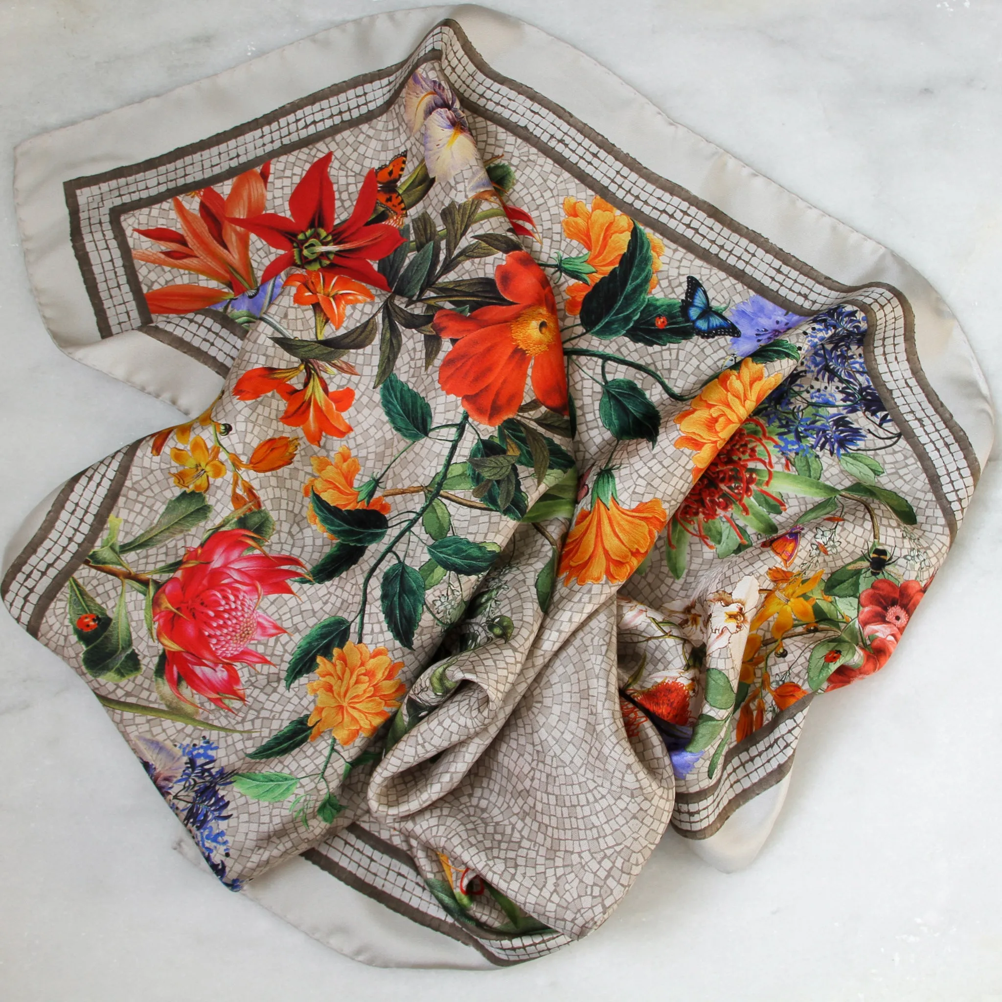 'Botanica Ecru Silk classic' Italian made 100% silk Scarf 90cm x 90cm