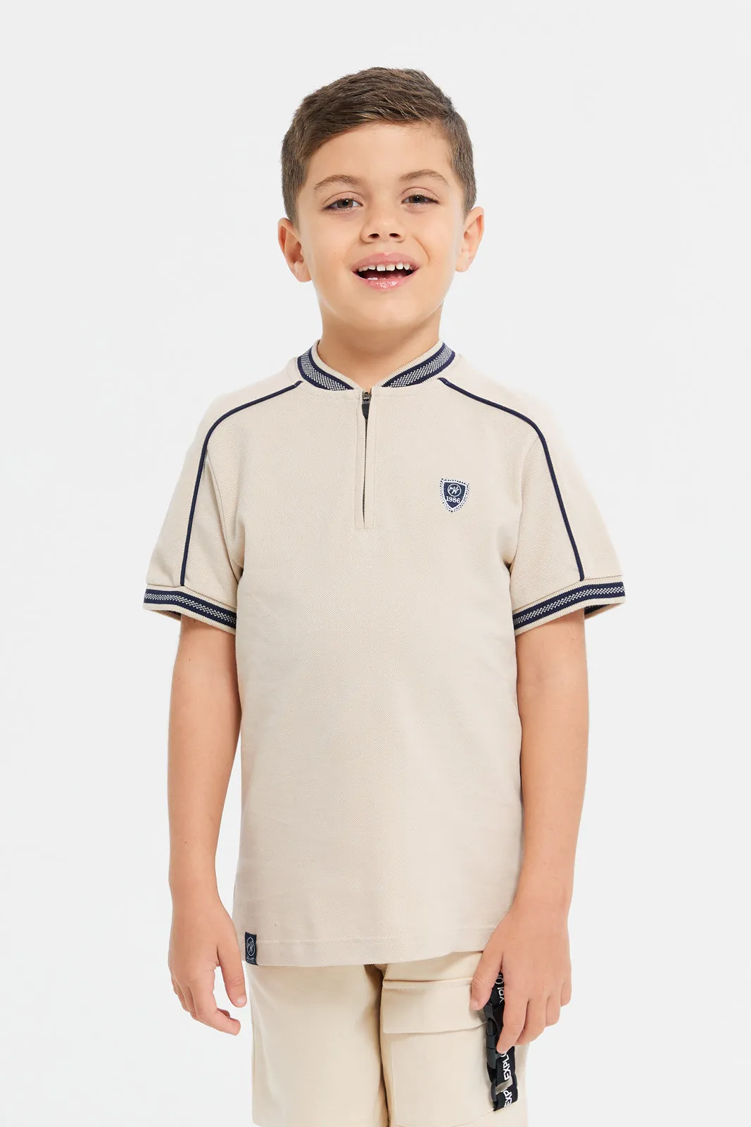 Boys Beige Jacquard Polo Shirt