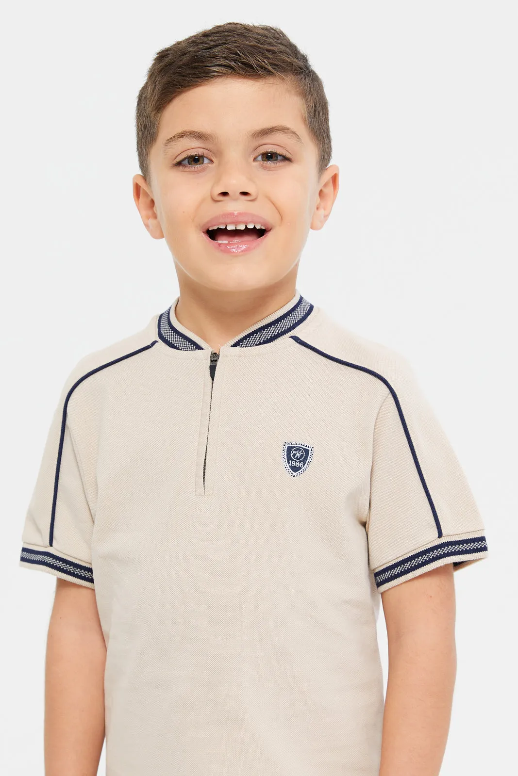 Boys Beige Jacquard Polo Shirt