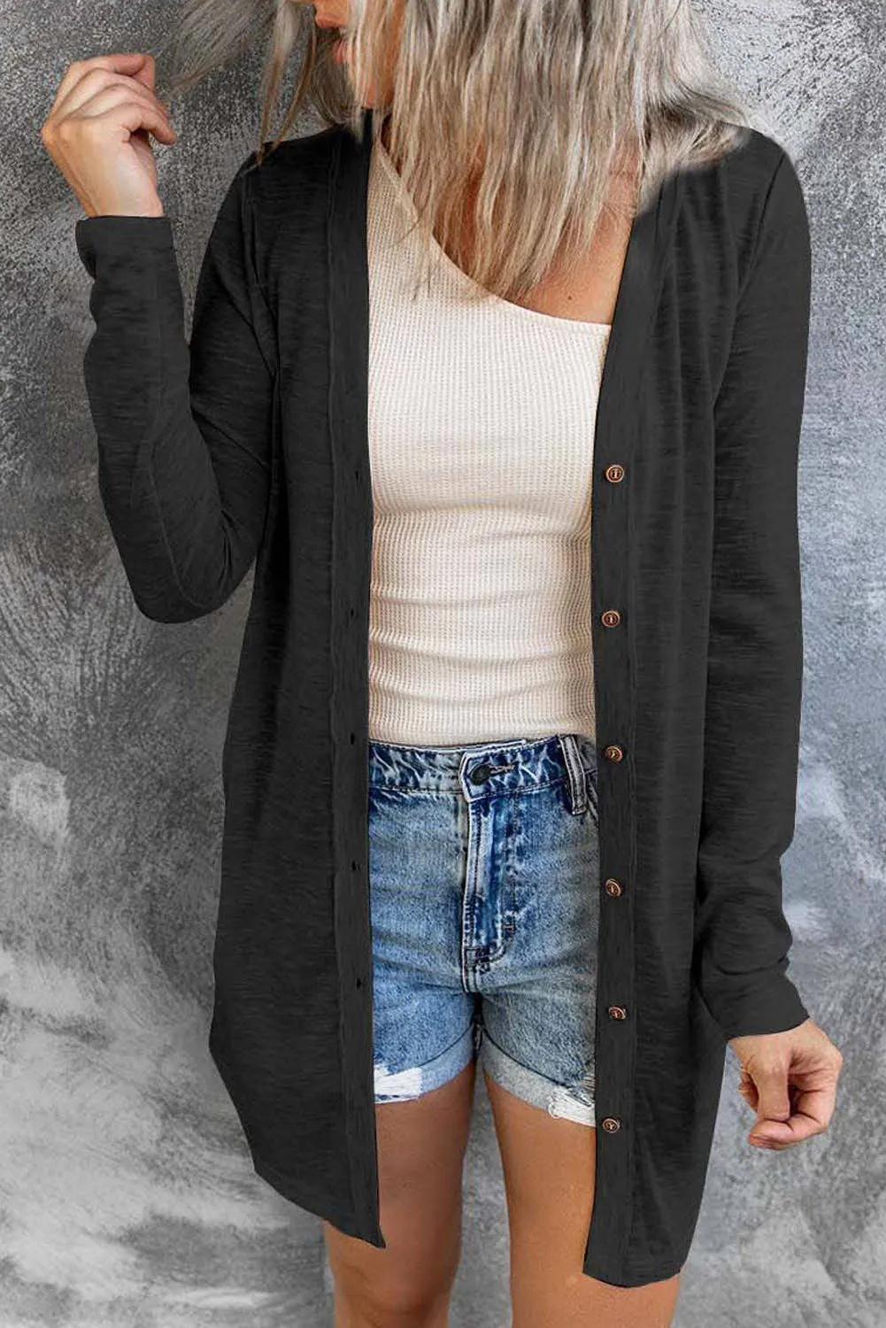 Button Front V-Neck Cardigan: Black