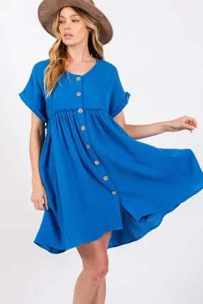 Button Up Short Sleeve Mini Dress in Blue