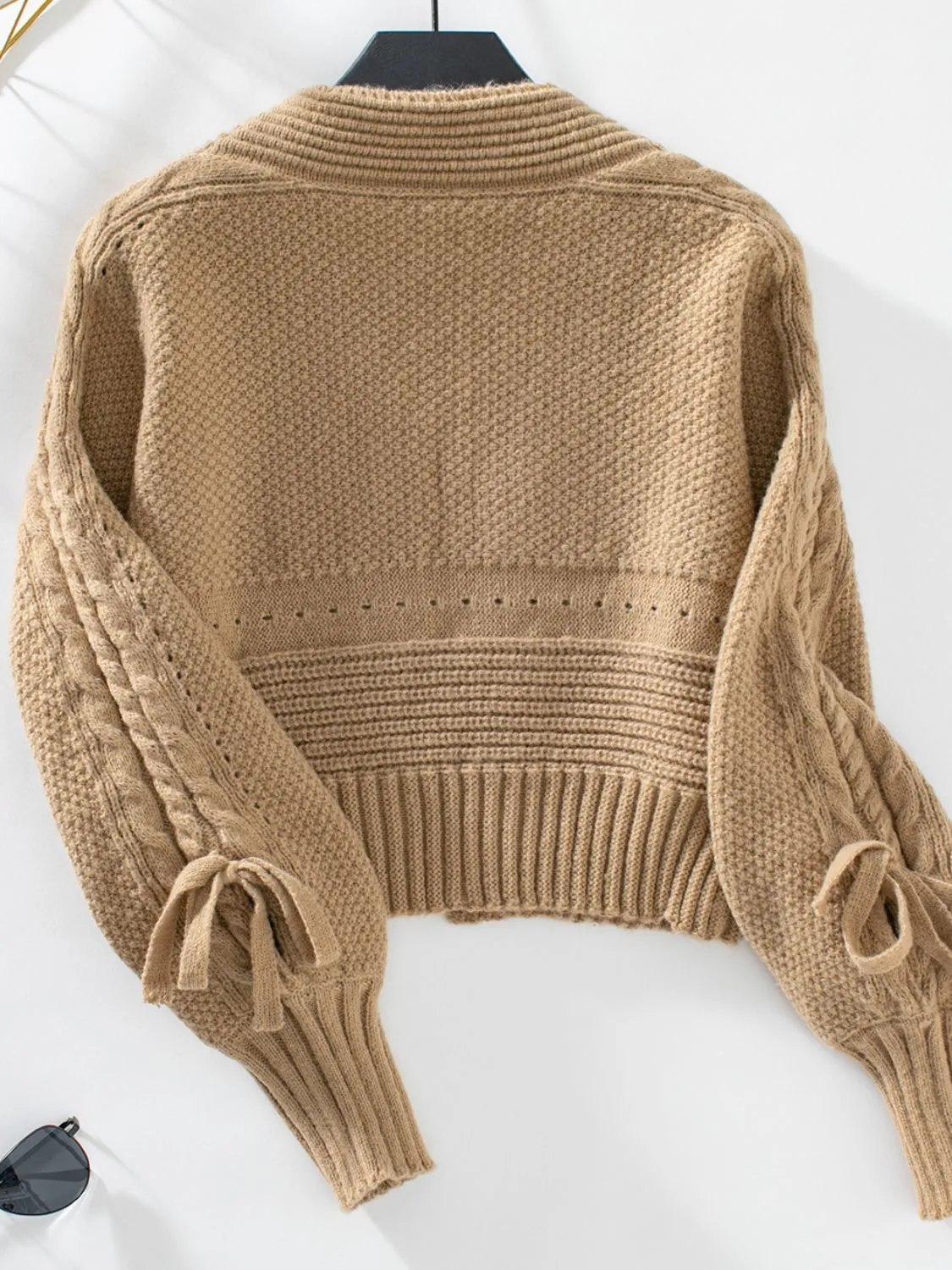 Cable-Knit Tied Open Front Lantern Sleeve Cardigan