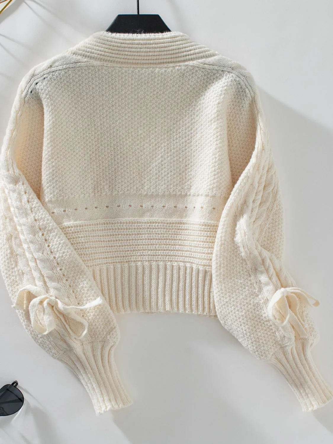 Cable-Knit Tied Open Front Lantern Sleeve Cardigan