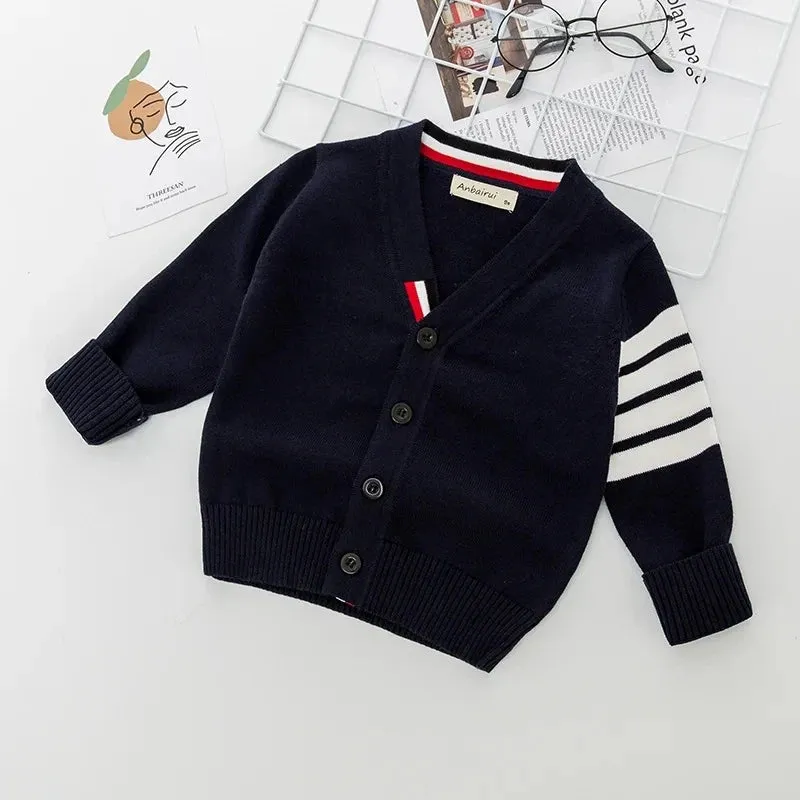 Children's Korean sweater boys Spring Autumn striped pure cotton cardigan coat girls long sleeved V-neck knitted sweater1-7Y