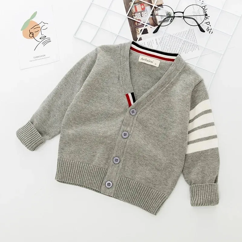 Children's Korean sweater boys Spring Autumn striped pure cotton cardigan coat girls long sleeved V-neck knitted sweater1-7Y