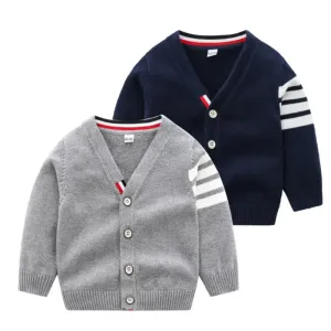 Children's Korean sweater boys Spring Autumn striped pure cotton cardigan coat girls long sleeved V-neck knitted sweater1-7Y