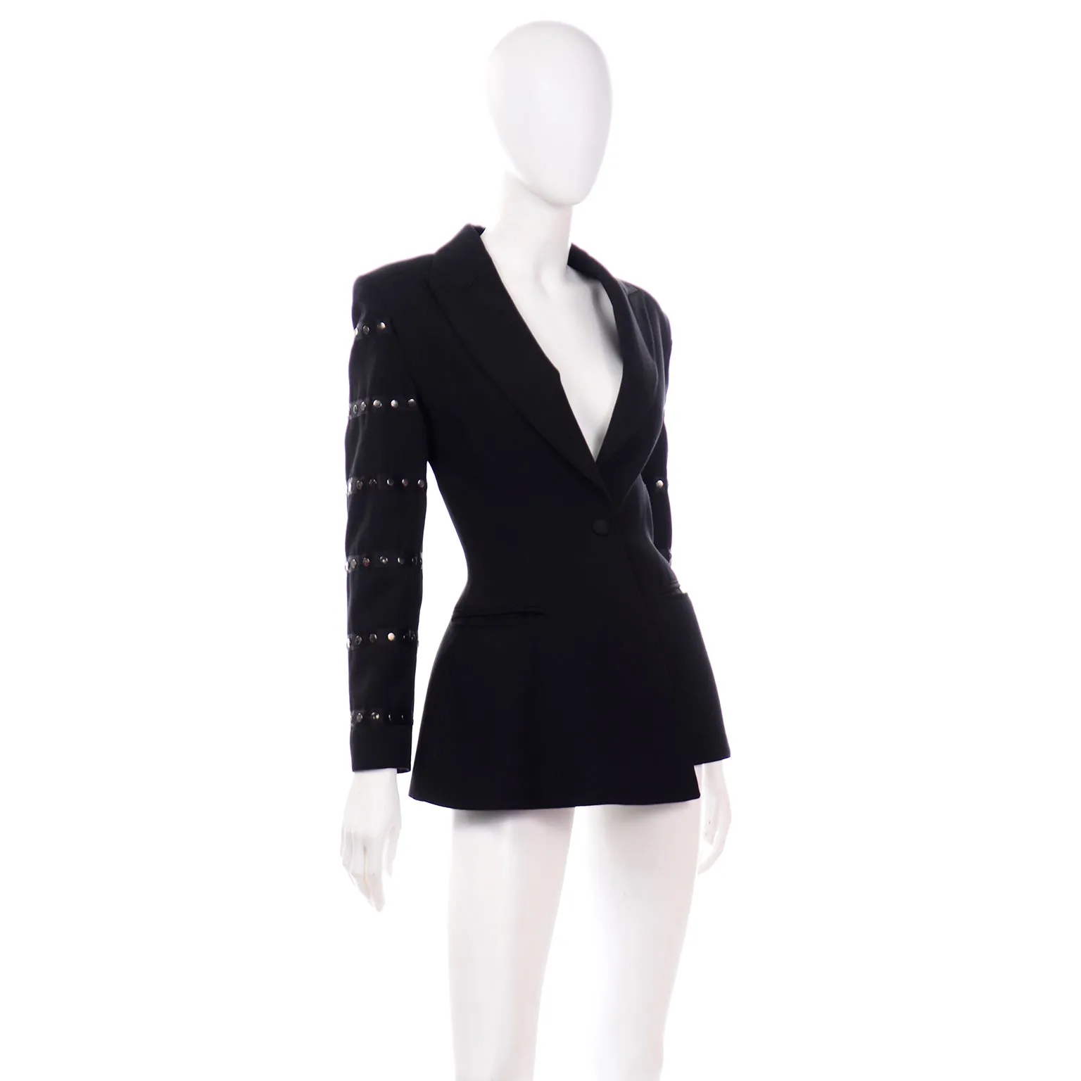 Claude Montana Avant Garde Black Blazer Jacket W Asymmetrical Hem & Studs