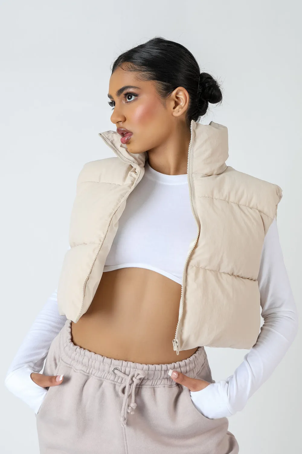 Cropped Puffer Gilet Stone