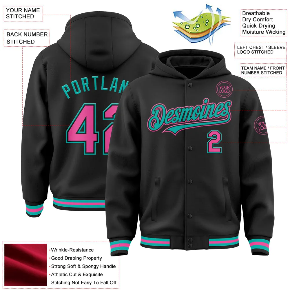 Custom Black Pink-Aqua Bomber Full-Snap Varsity Letterman Hoodie Jacket