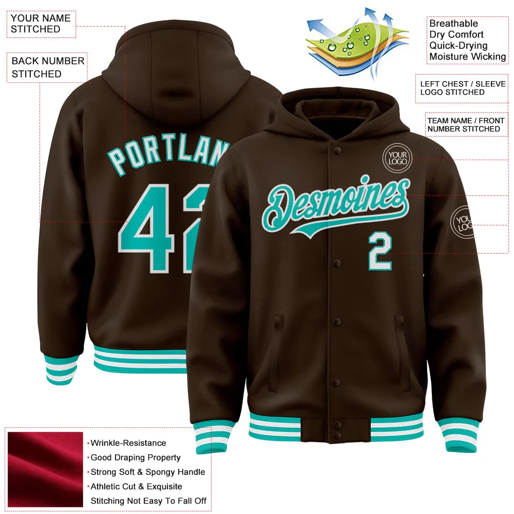 Custom Brown Aqua-White Bomber Full-Snap Varsity Letterman Hoodie Jacket