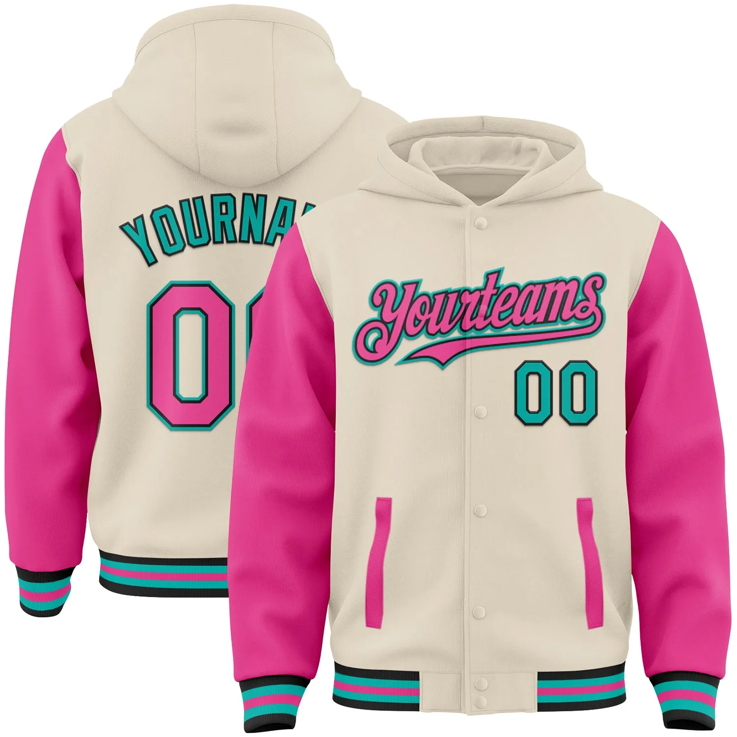 Custom Cream Pink Black-Aqua Bomber Full-Snap Varsity Letterman Two Tone Hoodie Jacket