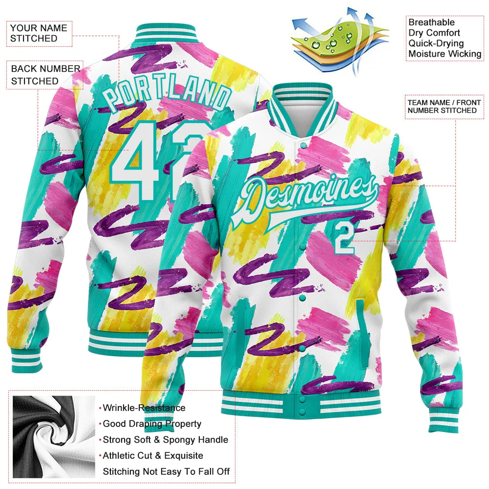 Custom Graffiti Pattern White-Aqua Abstract Watercolor 3D Bomber Full-Snap Varsity Letterman Jacket