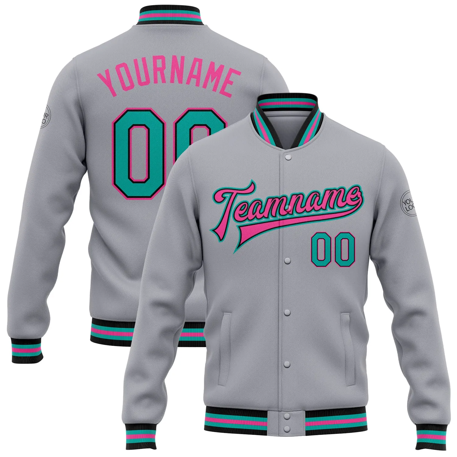 Custom Gray Aqua Black-Pink Bomber Full-Snap Varsity Letterman Jacket