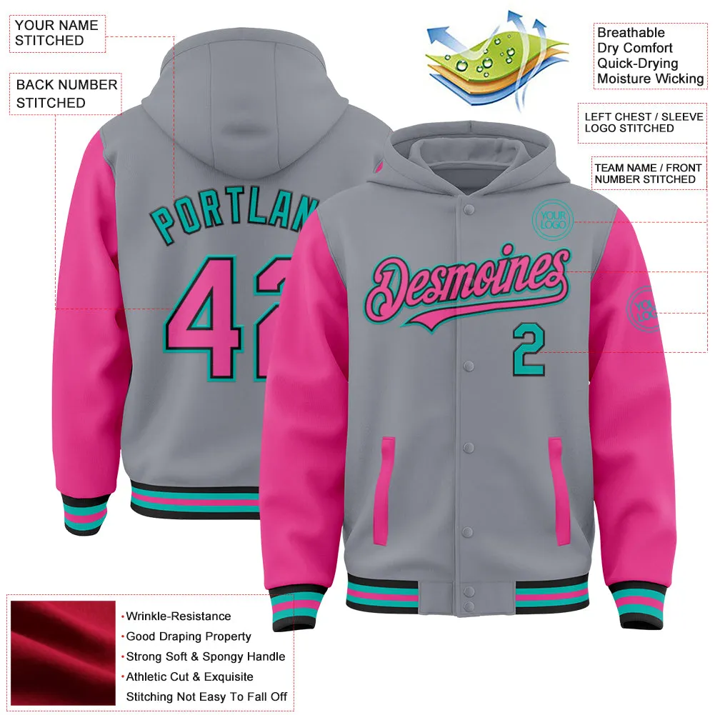 Custom Gray Pink Black-Aqua Bomber Full-Snap Varsity Letterman Two Tone Hoodie Jacket