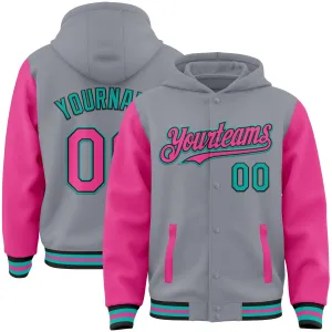 Custom Gray Pink Black-Aqua Bomber Full-Snap Varsity Letterman Two Tone Hoodie Jacket