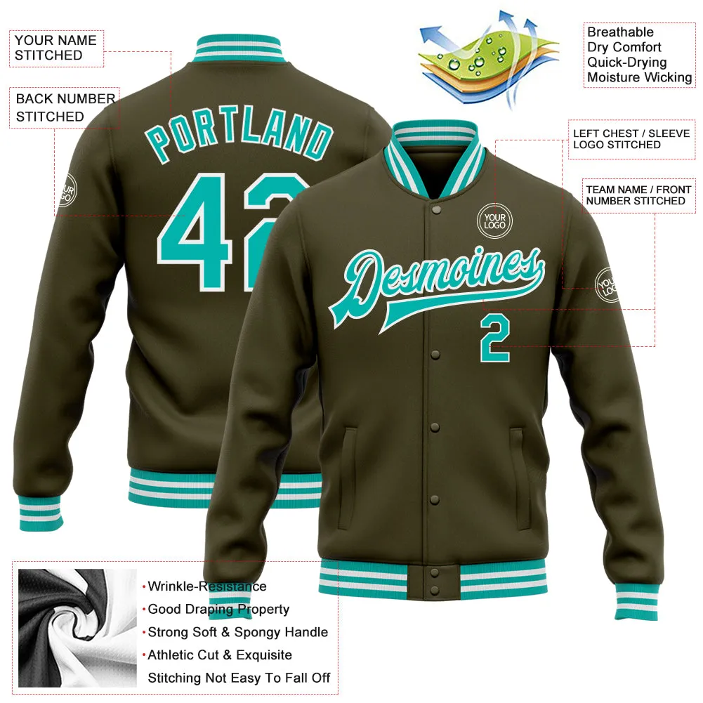 Custom Olive Aqua-White Bomber Full-Snap Varsity Letterman Salute To Service Jacket