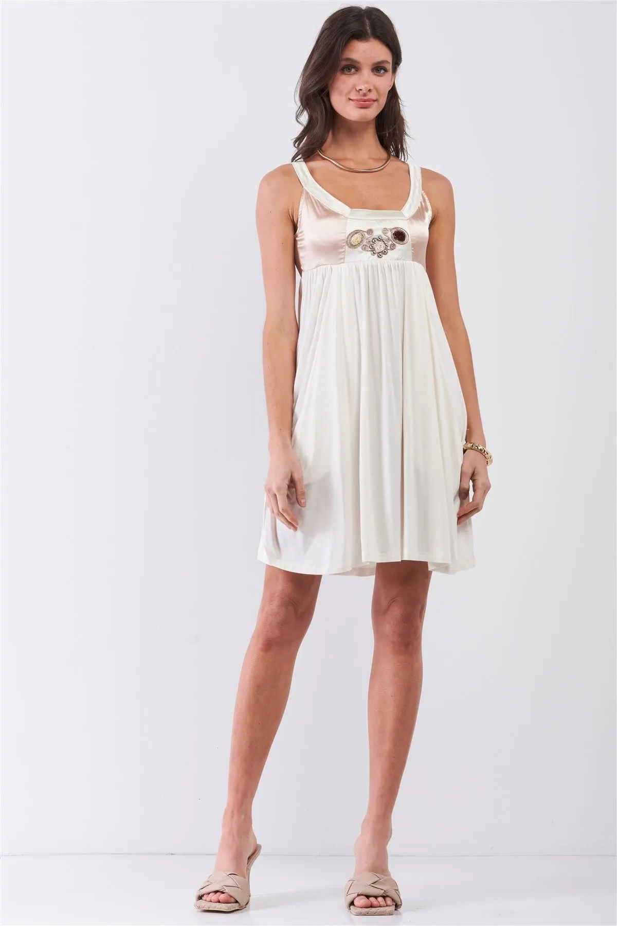 Dear Juliet White & Champagne Gold Sleeveless Embroidered Satin Detail Mini Dress