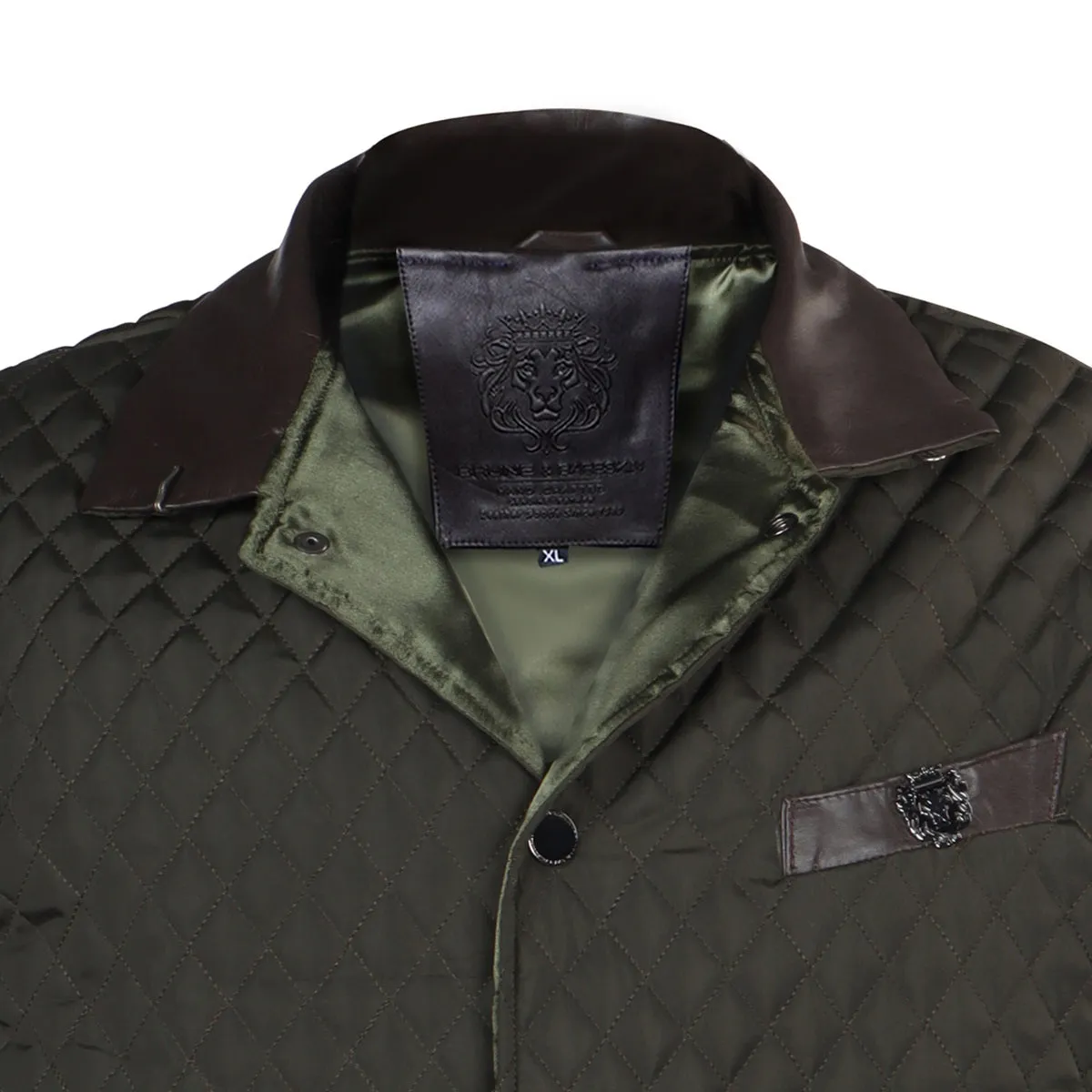 Diamond Stitched Olive Puffer Vest with Dark Brown Leather Trims Collar & Pockets by Brune & Bareskin