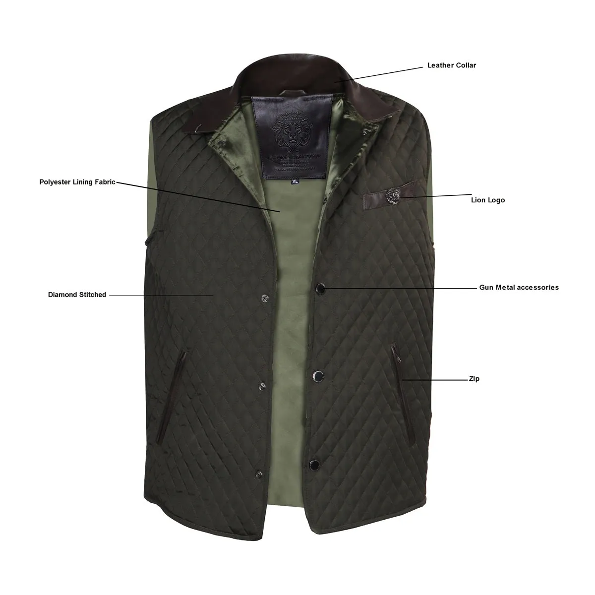 Diamond Stitched Olive Puffer Vest with Dark Brown Leather Trims Collar & Pockets by Brune & Bareskin