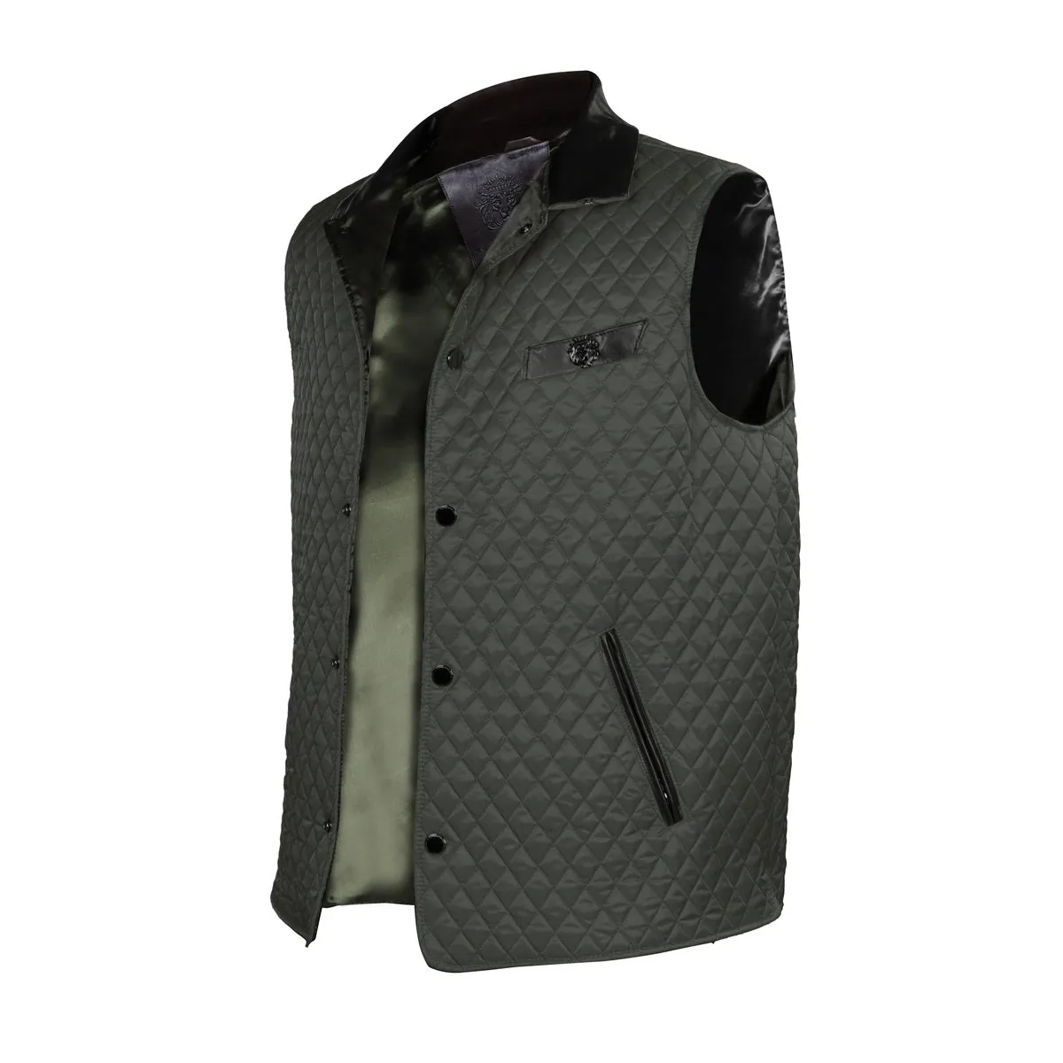 Diamond Stitched Olive Puffer Vest with Dark Brown Leather Trims Collar & Pockets by Brune & Bareskin