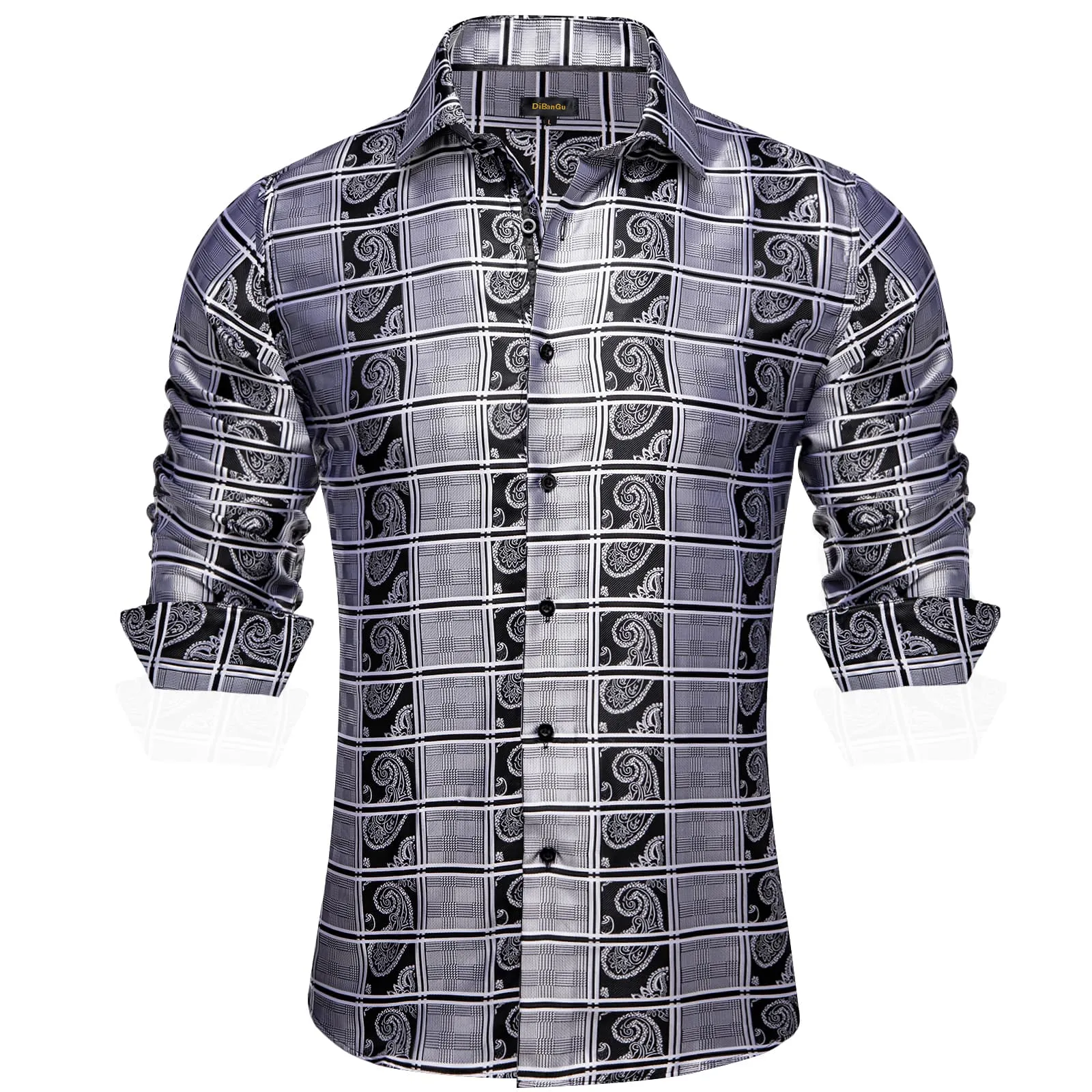 DiBanGu Dress Shirt Taupe Gray Black Plaid Paisley Button Down Long Sleeve Mens Shirt Top