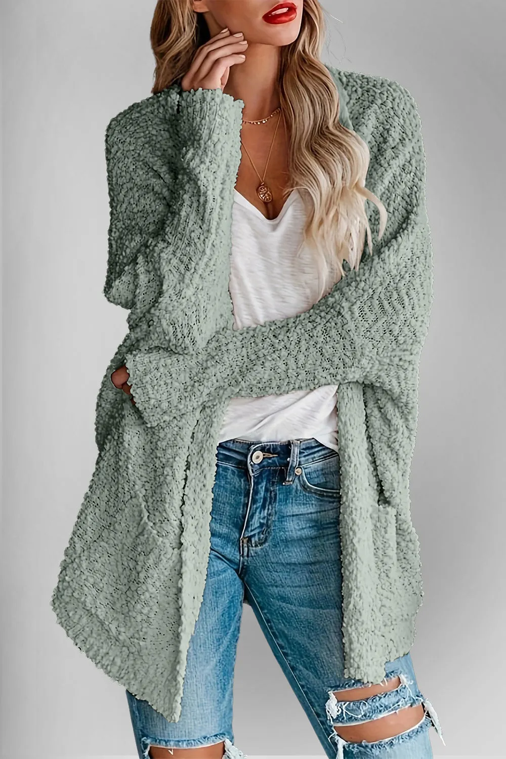 Double Take Pocketed Open Front Long Sleeve Cardigan