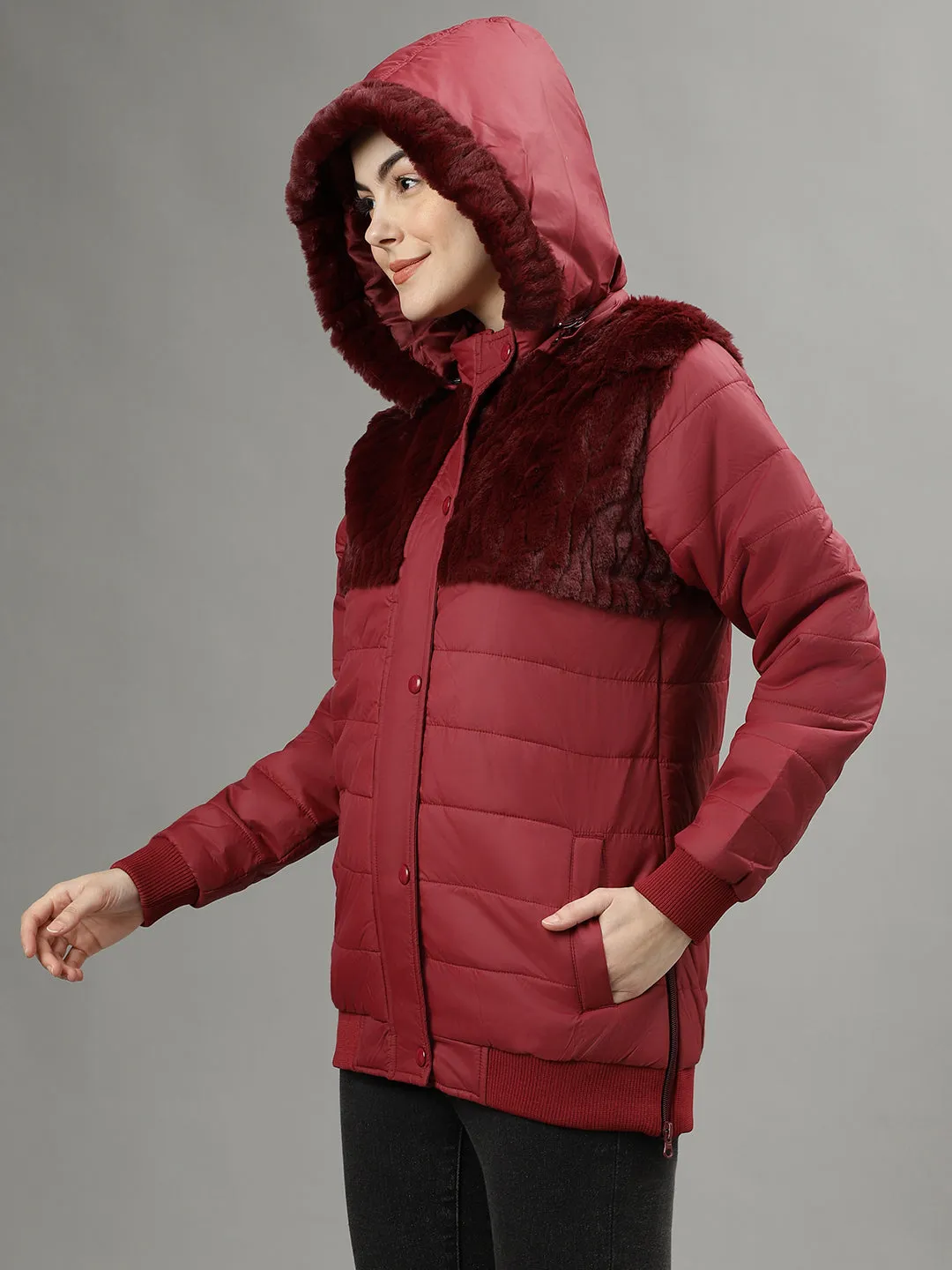 Elle Women Red Solid Hooded Long Sleeves Puffer Jacket