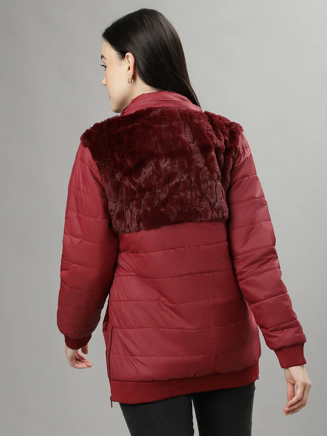 Elle Women Red Solid Hooded Long Sleeves Puffer Jacket