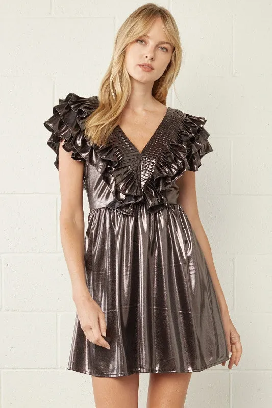 Entro Metallic Ruffle Super Mini Dress -  Bronze