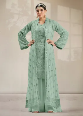 Excellent Party Style Aqua Green Jacket Style Palazzo Suit