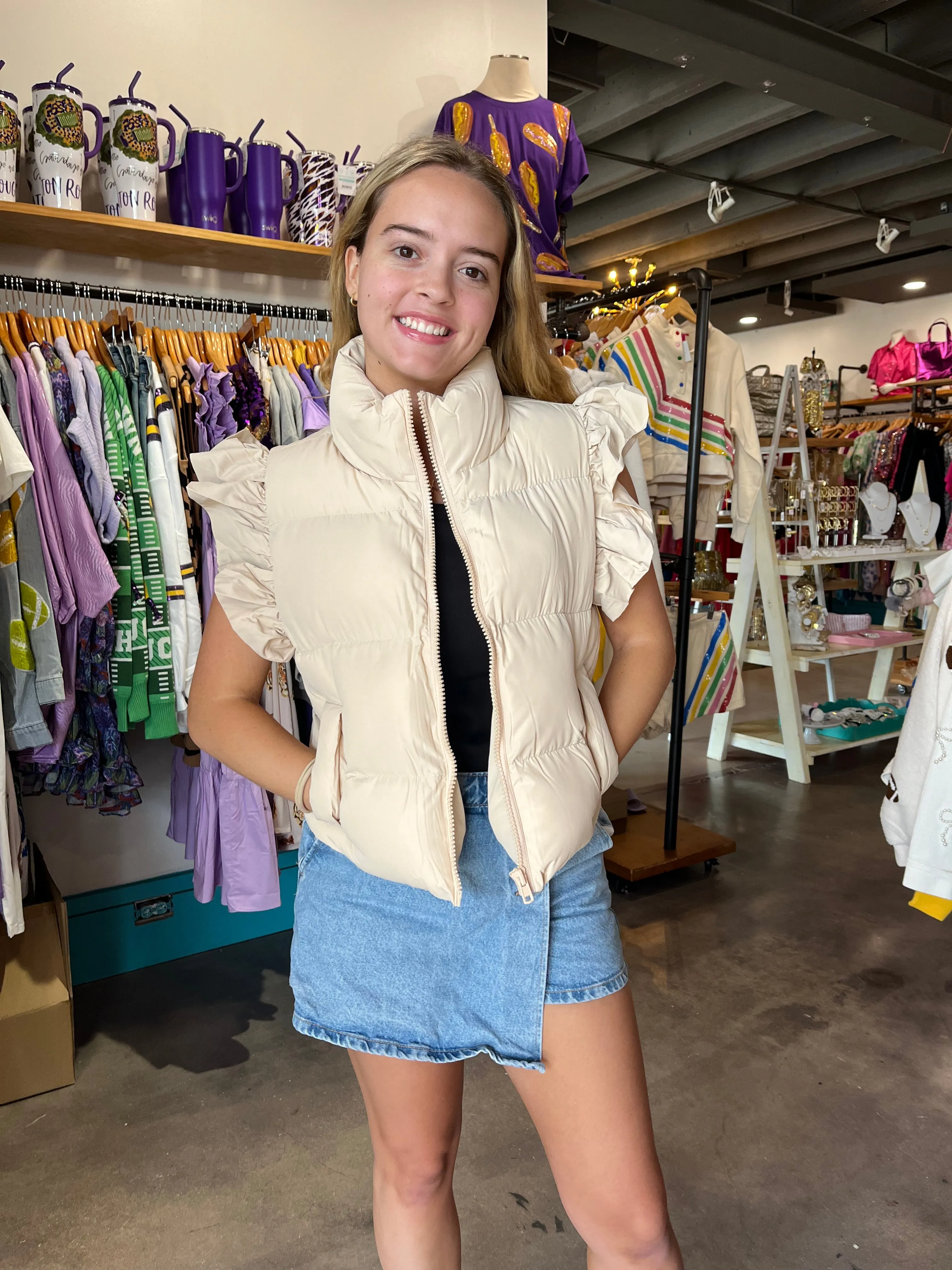 GeeGee Cream Ruffle Puffer Vest