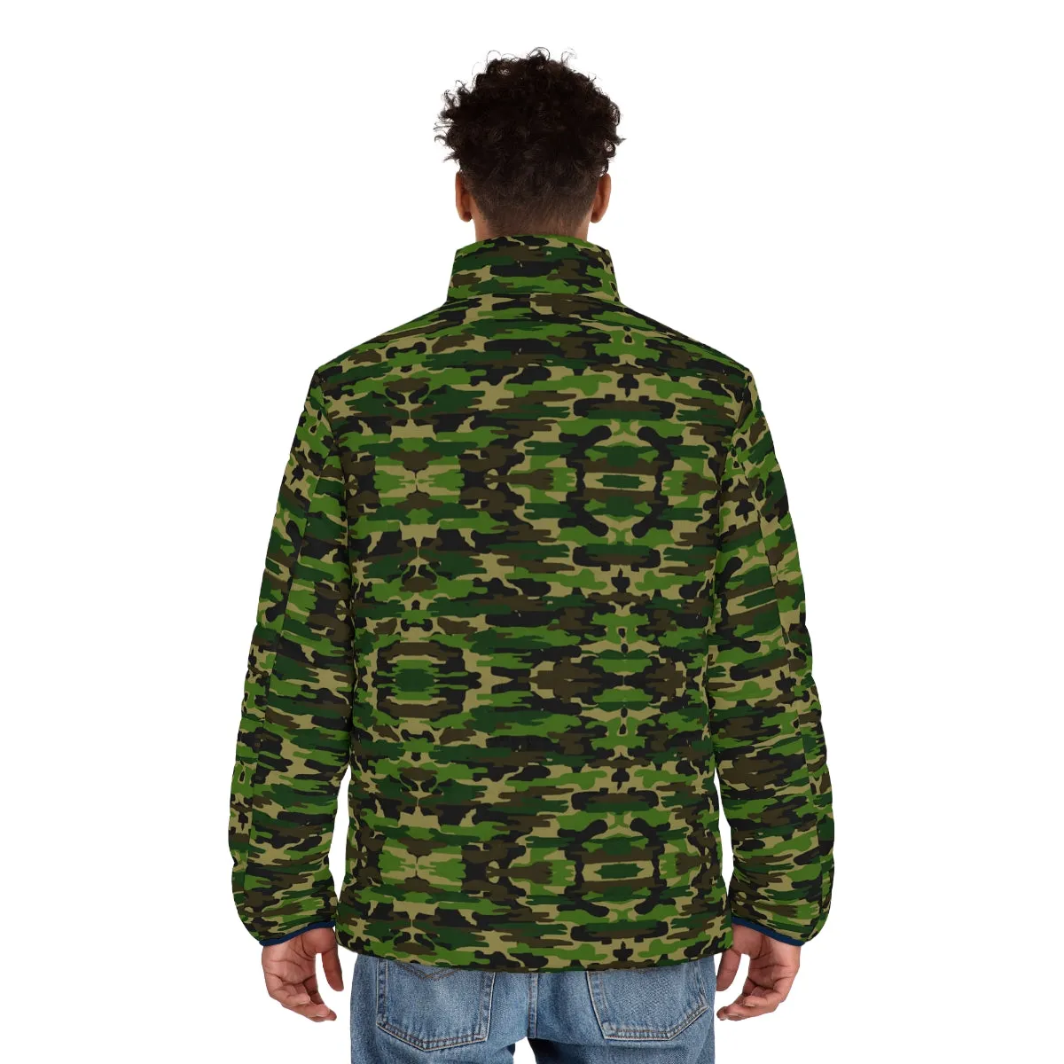 Green Camo Print Men's Jacket, Best Men's Puffer Jacket With Zippers