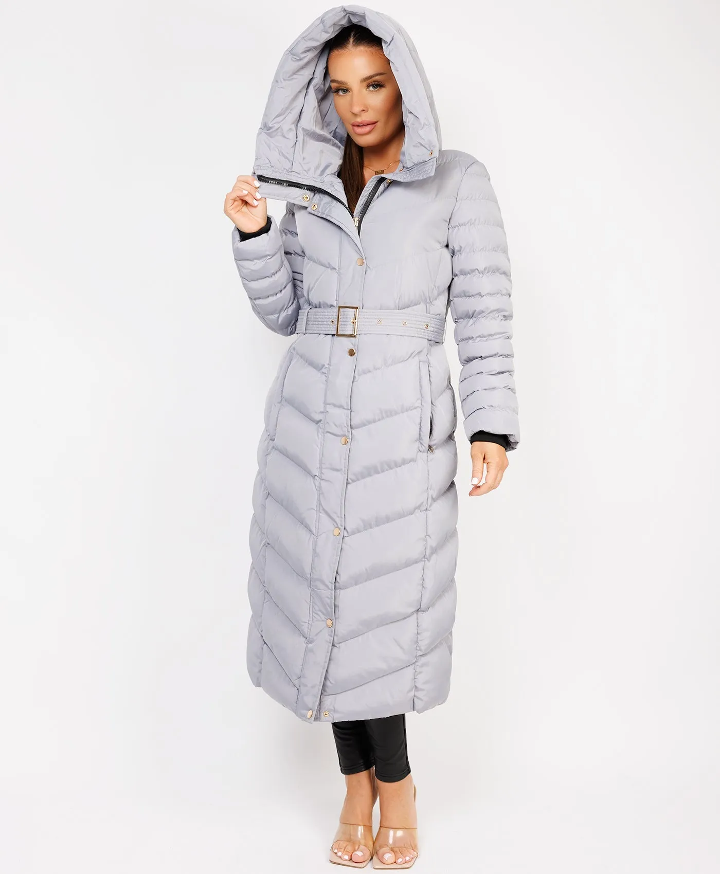 Grey Longline Padded Full Length Belted Puffer Coat Jacket