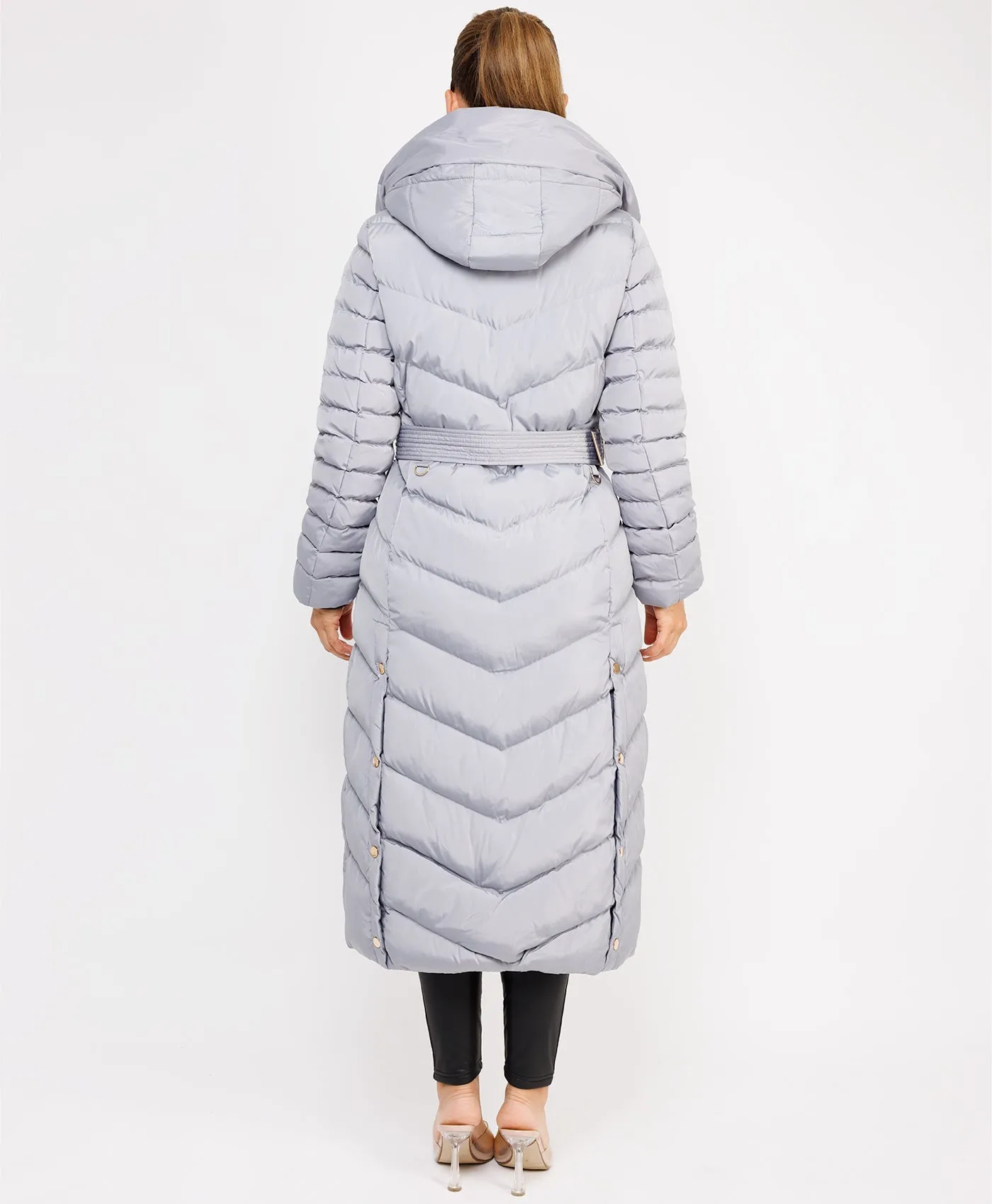 Grey Longline Padded Full Length Belted Puffer Coat Jacket